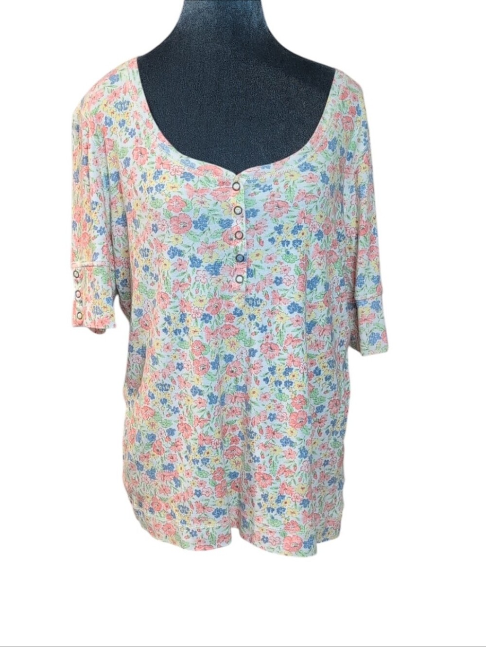 Lauren Ralph Lauren White & Pastel Floral Henley Style Top Size XL
